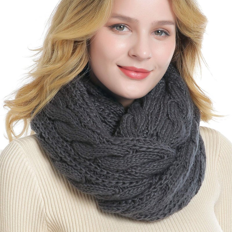 QUEENFUR Winter Women Thick Cable Knit Ribbed Infinity Circle Loop Scarf Matches with Beanies (Dark Grey) - Image 3
